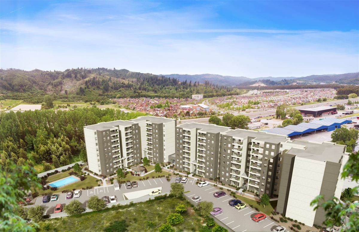 Render aéreo del conjunto Fuentes de Miguel Collao, Concepción